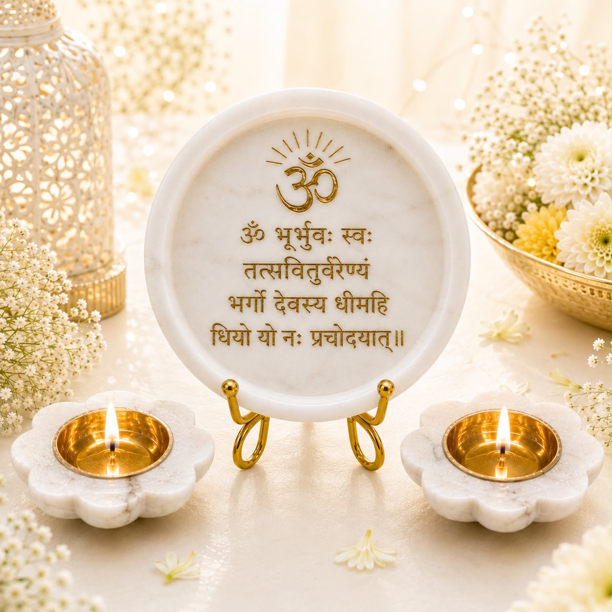Handcrafted Marble Engraved Mantra Decor Plate with Stand | Spiritual Home & Office Décor