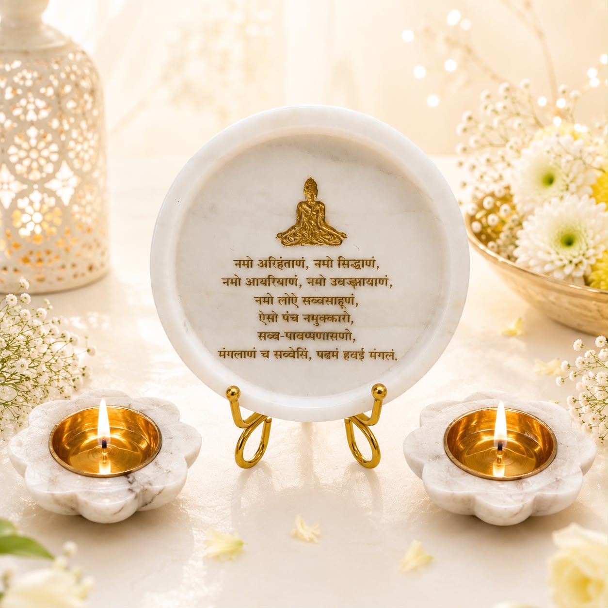Handcrafted Marble Engraved Mantra Decor Plate with Stand | Spiritual Home & Office Décor