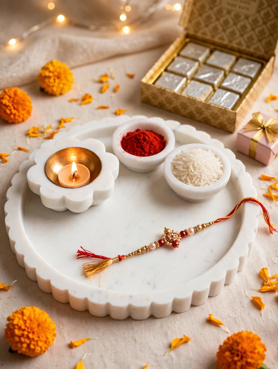 Handcrafted White Marble Tika Thali – Raksha Bandhan Special | Premium Pooja & Rakhi Thali