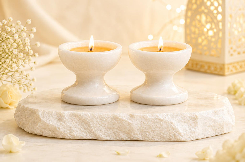 FILLSTO Plain White Marble Diya (Set of 2) | Handcrafted Decorative Oil Lamps for Pooja & Home Décor