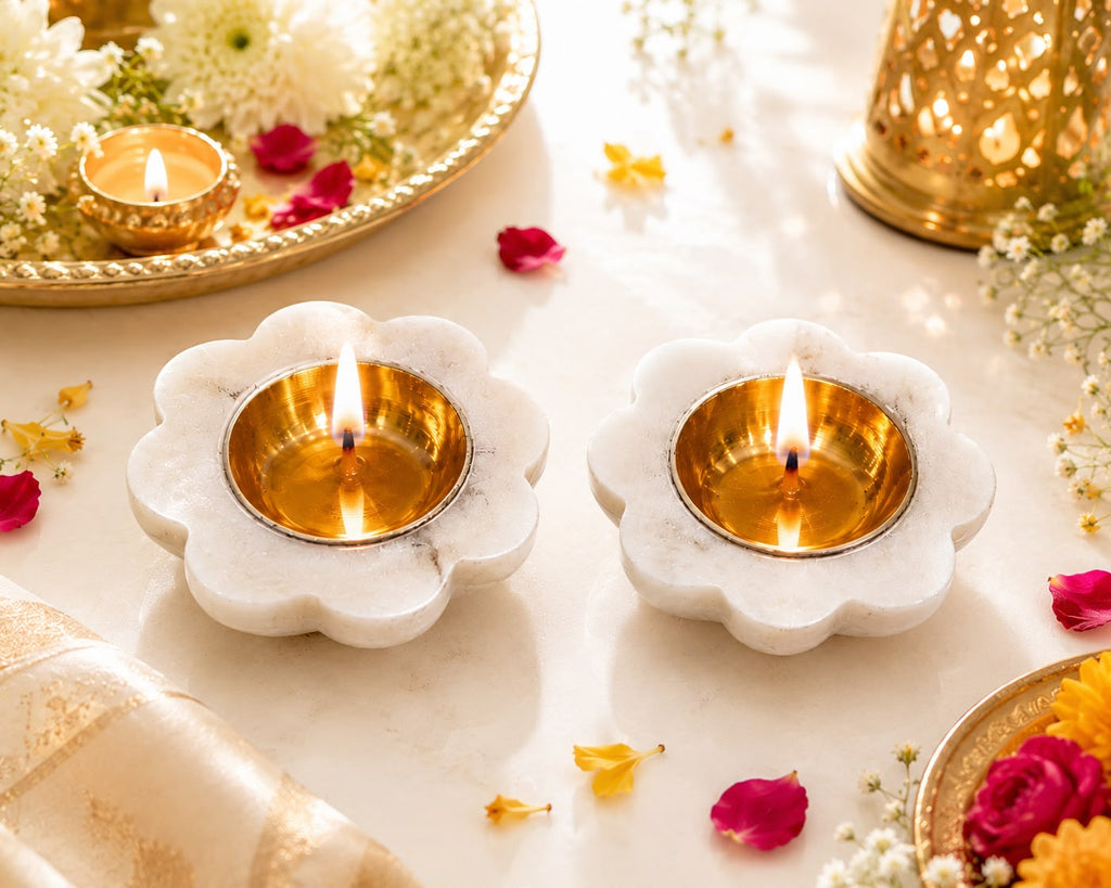 Handcrafted White Marble Diya with Brass Oil Lamp – Premium Pooja & Home Décor (Set of 2)