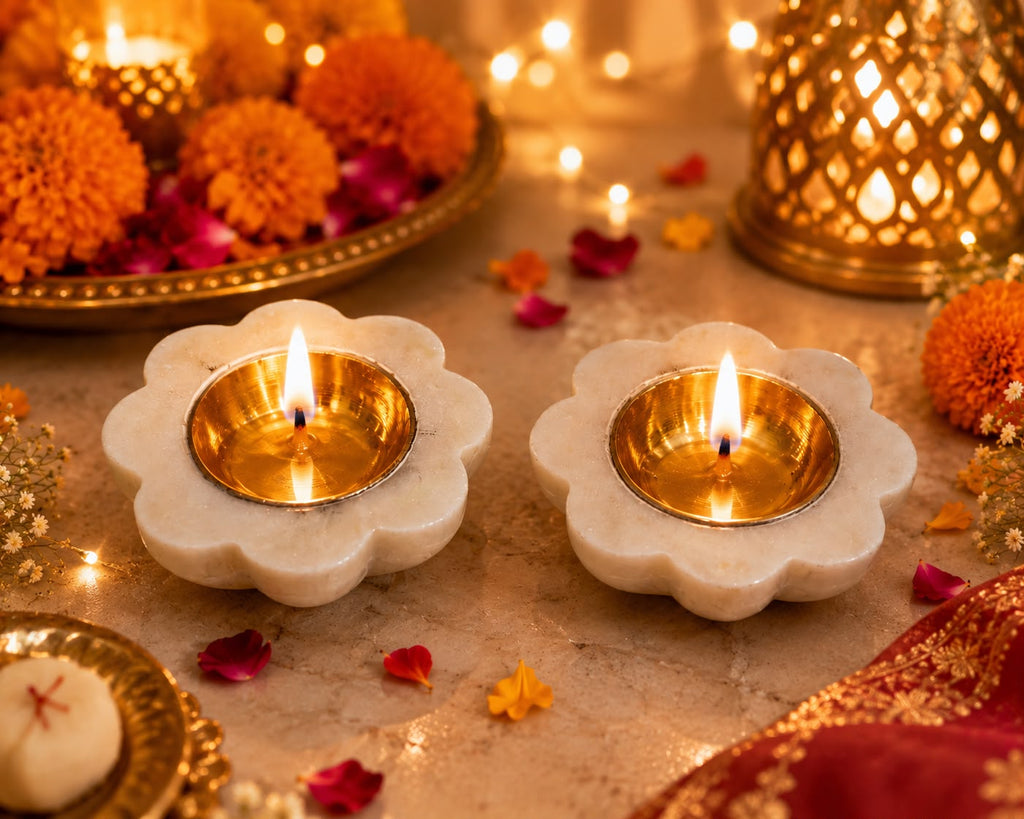Handcrafted White Marble Diya with Brass Oil Lamp – Premium Pooja & Home Décor (Set of 2)