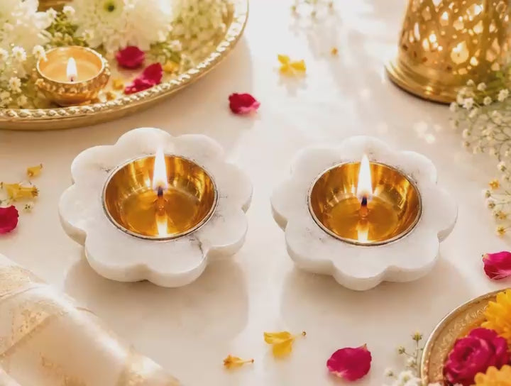 Handcrafted White Marble Diya with Brass Oil Lamp – Premium Pooja & Home Décor (Set of 2)